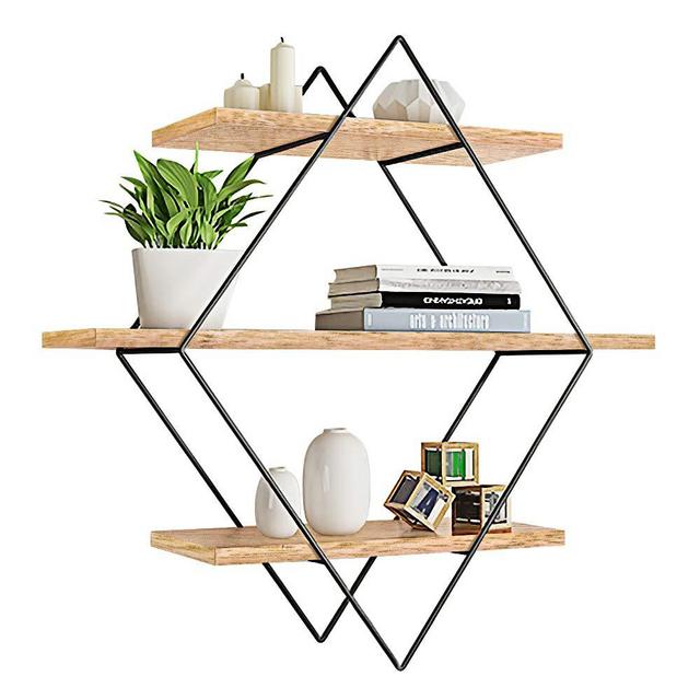 Decorative Wall Shelf, 3-Tier Iron Rustic Wood Wall Floating Shelves for Bedroom, Living Room, Bathroom, Kitchen, Office and More (Diamond)