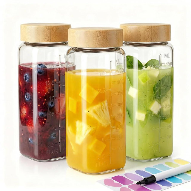 HomArtist 16oz Square Glass Juice Bottles with Lids, 3 Pack Reusable Juice Containers with Bamboo Lids, Glass Juicing jars for Drinking Tea, Kombucha, Smoothie, Milk