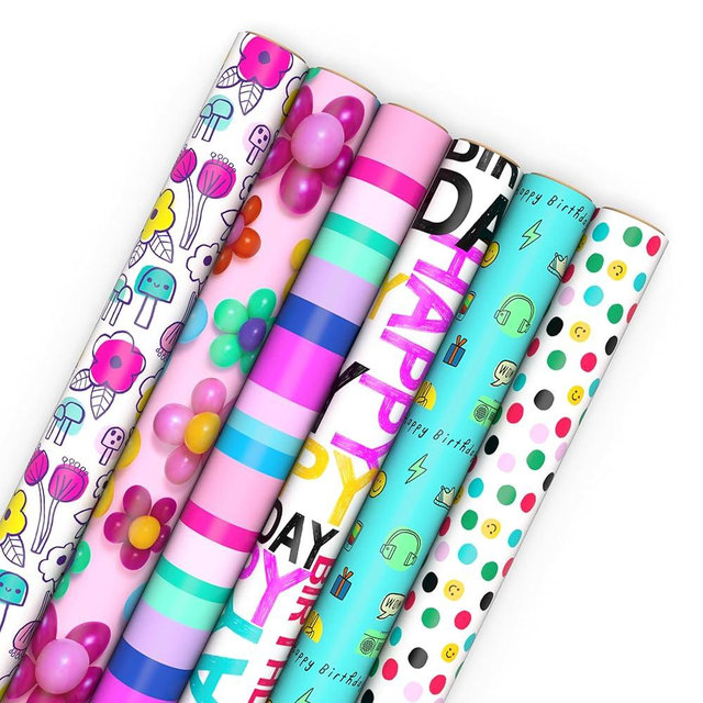 Hallmark Birthday Wrapping Paper Rolls - Flowers, Stripes, Pink, Teal and Black Polka Dots Gift Wrap Paper (Set of 6 Rolls: 180 sq. ft. ttl.)