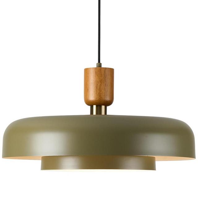 Mid Century Chandelier 19.68 inch, Natural Wood and Brass Accent,2 Layered Deep Green Shade,Large Pendant Ceiling Lights for Kitchen Island, Dining Room, Living Room