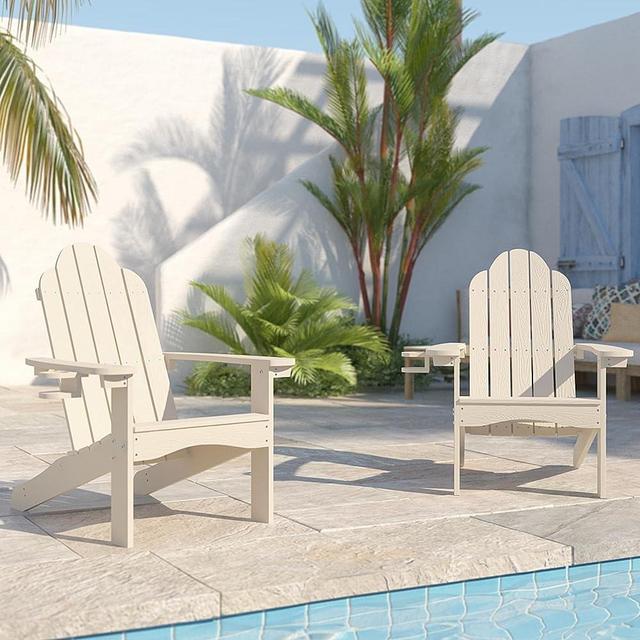 LUE BONA Poly Lumber Adirondack Chair Set of 2, Sand Adirondack Chairs with Cup Holder, 350LBS Modern Resin Patio Adirondack Chair Weather Resistant for Fire Pit, Balcony, Backyard