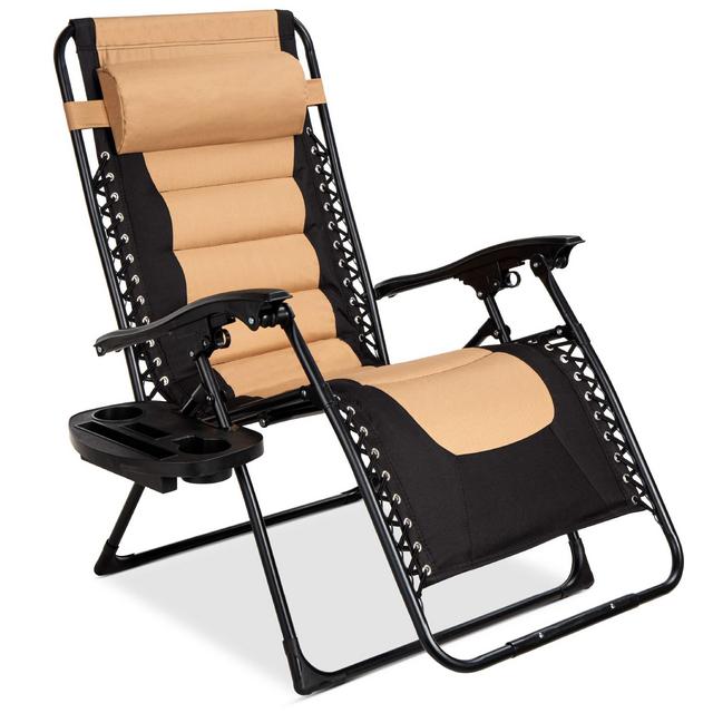 Best Choice Products Oversized Padded Zero Gravity Chair, Folding Outdoor Patio Recliner, XL Anti Gravity Lounger for Backyard w/Headrest, Cup Holder, Side Tray, Outdoor Polyester Mesh - Tan