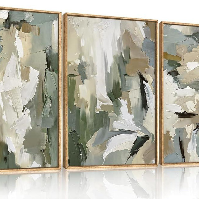 BICERE Large Abstract Green Beige Framed Canvas Wall Art Set,Neutral Brush Stroke Watercolor Wall Painting,Modern Minimalist Artwork for Living Room,Bedroom,Dining Room,Office -24"x36"x3