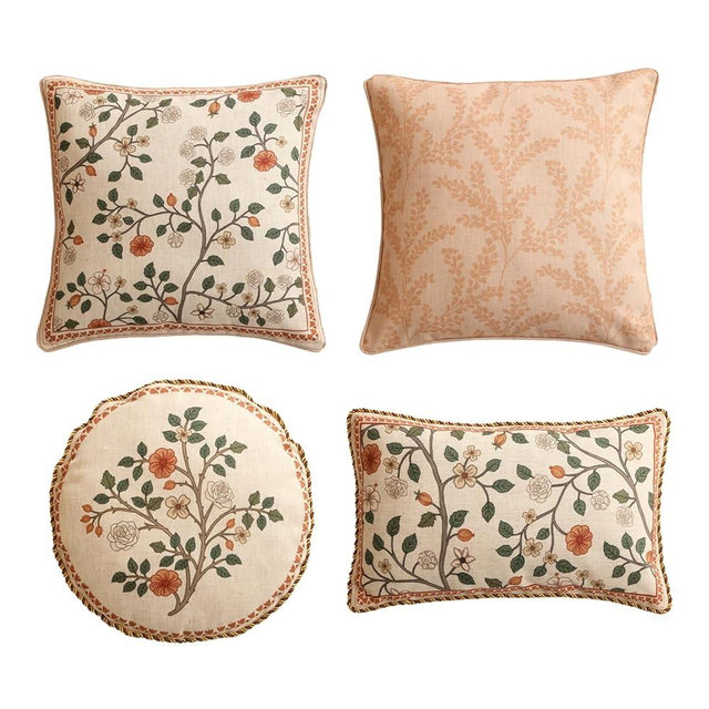 ISAENNE Design Linen Vintage Lumbar Square Round Throw Pillow Covers Set of 4, French Country Cushion Covers with Pink Blue Floral Pattern Decoration Pillowcases for Bed,Living Room,Outdoor,Car