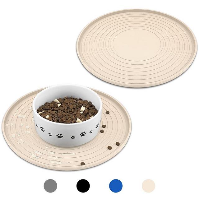Ptlom Silicone Pet Feeding Mat for Dogs and Cats Placemat 2 Pack, Non-Slip Waterproof Dog Bowl Mats for Food and Water, Small Medium Pets Puppy Tray Mat Prevent Residues Spill to The Floor, Beige