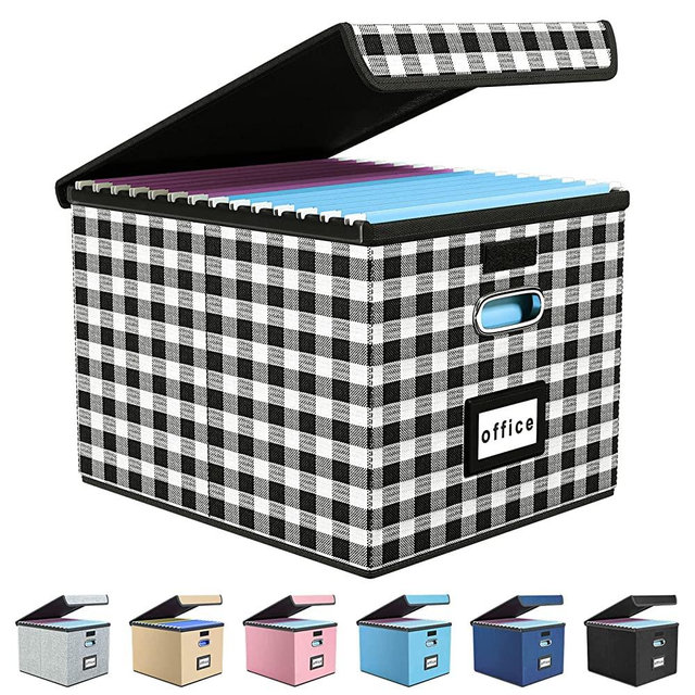 New Collapsible File Storage Organizer Box with Lid, Huolewa Lattice Linen Office Document Storage, Universal Hanging Filing Organization Box for Letter/Legal Folder, Decorative Home File Storage Bins