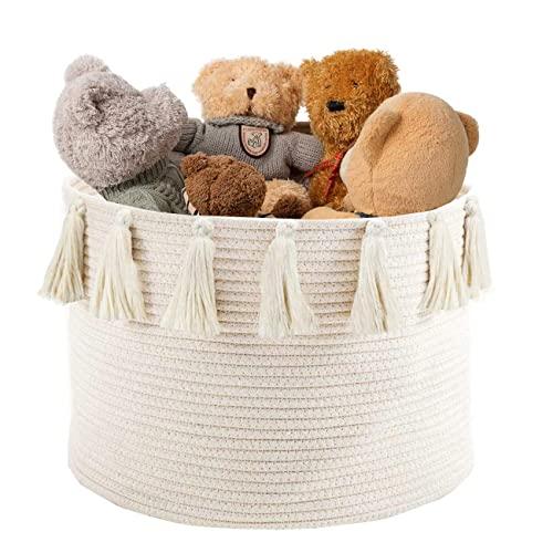 Abetree Large Tassel Woven Basket Storage with Handle Cotton Laundry Hamper Nursery Basket Blanket Baby Toy Storage Organizer 17.7" x 11.8"