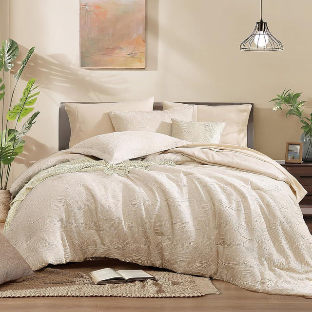 Monbix Queen Comforter Set - 7 Pieces Birch Marble Pattern Bed in a Bag Queen Bedding Sets with Comforter, Sheets, Pillowcases & Shams, Reversible Bedding Comforters Sets