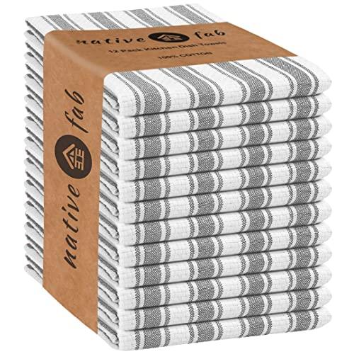 Native Fab 12 Pack Farmhouse Basket Weave Kitchen Dish Towels Cotton Absorbent Washable 15x25 - Tea Towels, Dish Cloths, Restaurant Cleaning Towels, Kitchen Towels with Hanging Loop, Grey White
