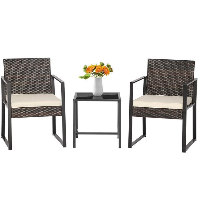 Tangkula 3 Piece Patio Furniture Set, Modern Heavy Duty All Weather Cushioned Wicker Chairs and Coffee Table Set, Suitable for Front Porch, Backyard, Garden, Poolside and Deck (Mix Brown)