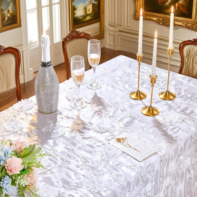 Fanqisi Table Cloth Rectangle Table Cover White 3D Rosette Sequin Satin Table Cloths 60x102 Inch Spring Tablecloth for Wedding Anniversary Outdoor Ceremony Birthday Party Decorations