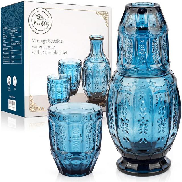 FOODLE Bedside Water Carafe and Glass Set – Elevate Your Home with 32 Oz. Bedside Water Dispenser, Cups, & Lid – Vintage Glass Carafe for the Nightstand, Guest Room, Holding Mouthwash, Gifting, & More
