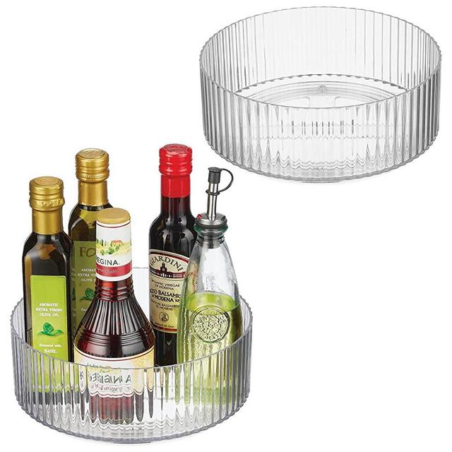 mDesign Fluted Lazy Susan Turntable Plastic Spinner for Kitchen Cabinet, Pantry, Fridge, Cupboards, or Counter Organizing, Rotating Organizer for Food, Spices, and Condiments, 9" Round, 2 Pack - Clear