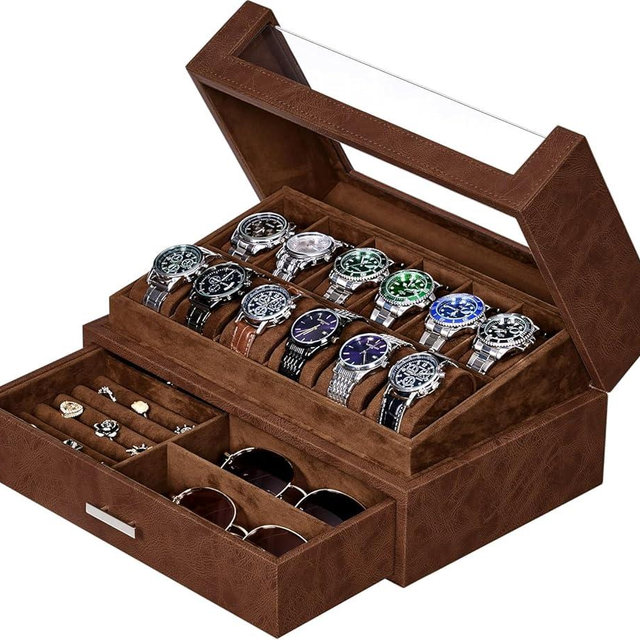BEWISHOME 12 Slot Watch Box Organizer Watch Cases for Men Watch Display Case with Clear Acrylic Lid Luxury Watch Holder Watch Storage case for Jewelry Sunglasses Brown SSH22Z