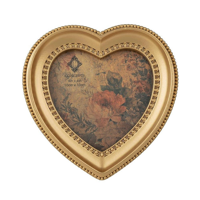Concepts 4x4 Gold Double Beaded Resin Heart Shaped Picture Frame With HD Clear Glass, Extra Durable Photo Frames -Tabletop Display
