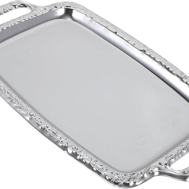 Rectangular Silver Serving Tray, Vintage Metal Tray for Whiskey Decanter Candlesticks Vanity Perfume and Snack Bread Breakfast Fruit Serving Dish