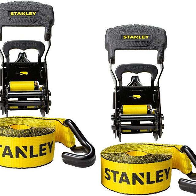 Stanley S1007 Black/Yellow 1.5" x 16' Ratchet Tie Down Straps - Heavy Cargo Hauling (3,300 lbs Break Strength), 2 Pack