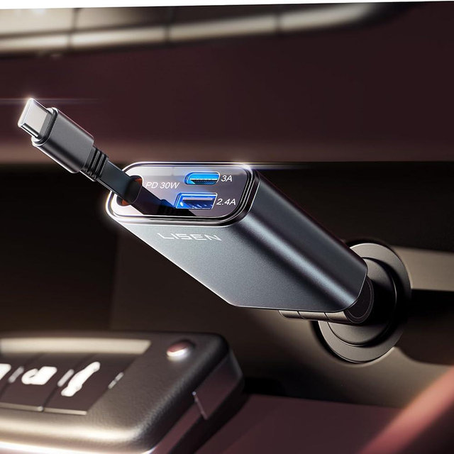 LISEN Car Charger USB C Fast Charging Retractable,【75% Less Space,Ultra Mini】 57W Fast iPhone 16/15 USBC Type C Car Charger Retractable for iPhone 16e 16 15 Pro Max Plus，Samsung Galaxy S25/24，Android