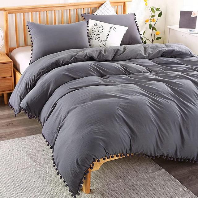 Andency Pom Pom Fringe Duvet Cover Queen Size (90x90 Inch), 3 Pieces (1 Solid Dark Gray Duvet Cover, 2 Pillowcases) Soft Washed Microfiber Grey Duvet Cover Set with Zipper Closure, Corner Ties