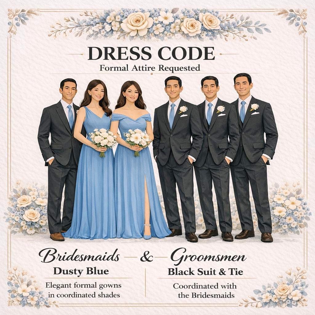 DRESS CODE FOR BRIDAL PARTY

BRIDESMAIDS:
DUSTY BLUE ELEGANT FORMAL GOWNS IN COORDINATED SHADES

GROOMSMEN:
BLACK SUIT AND TIE OR ACCESSORIES COORDINATED WITH THE BRIDESMAIDS