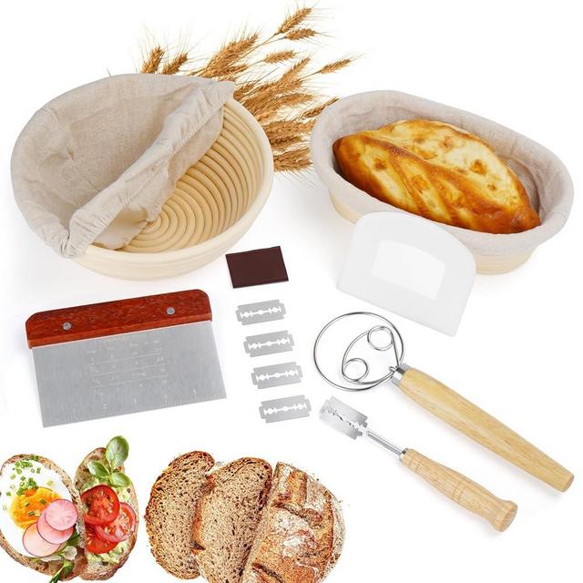 Banneton Bread Proofing Baskets, Sourdough Bread Baking Supplies, 9 Inch Round &10 Oval Sourdough Starter Kit, Include Necessary Baking Accessories, For Baking Fermentation