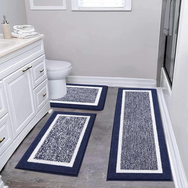 Pauwer 3 Piece Bath Mat Set Bathroom Rugs, Non Slip Plush Bathroom Mats, Absorbent Shaggy Bathroom Rug Set with U-Shaped Contour Toilet Mat for Bathroom Bedroom Living Room, Navy