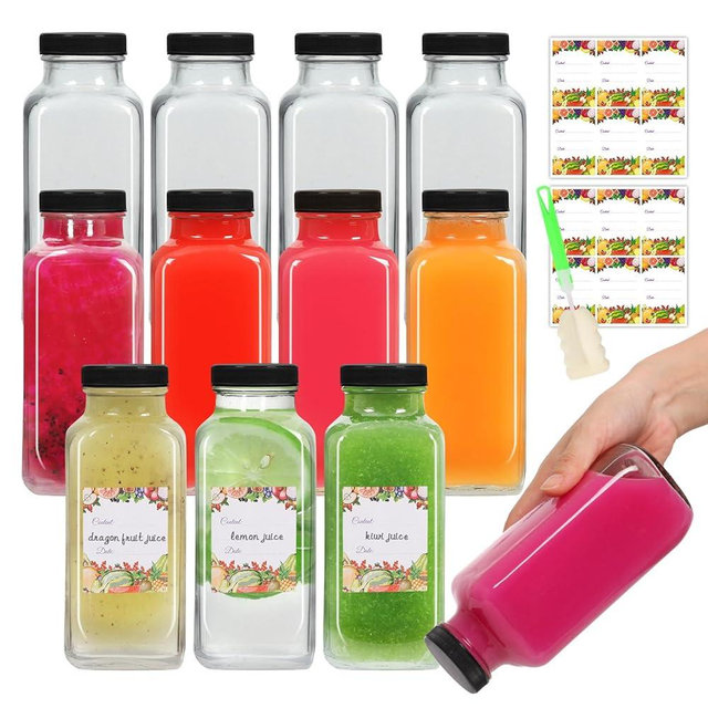 AuroTrends 16 oz Glass Bottles with Lids 12Pack, 480ml Glass Juicing Bottles, Water, Kombucha (16fl.oz, Set of 12)