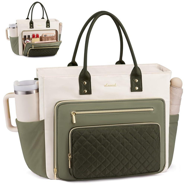 LOVEVOOK 17 Inch Laptop Tote Bag for Women, Teacher Nurse Work Bags, Laptop Bag With Large Cup Holder, Professional Briefcase Business Computer Purses Handbag Gifts,Light Green-Beige-Olive Green