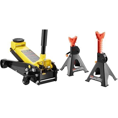 VEVOR Floor Jack, 3 Ton Low Profile Floor Jack with Single Piston Quick Lift Pump+ Jack Stands, 3 Ton (6,000 lbs) Capacity Car Jack Stands
