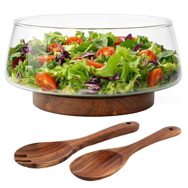 MIAMIO - Glass Salad Bowl Set with Wood Base (120 Oz), Large Salad Bowl with Serving Utensils/Glass Fruit Bowl/Trifle Dish/Large Glass Serving Bowl with Acacia Wooden Stand