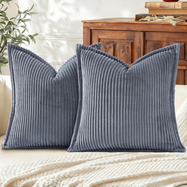 Mecatny Corduroy Summer Throw Pillow Covers 26x26 Set of 2, Neutral Decorative Soft Boho Couch Pillow Covers with Broadside for Sofa Living Room, Blue Grey