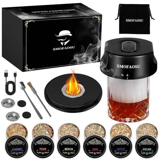Whiskey Smoker Kit, Electric Cocktail Smoker Kit with 6 Wood Chips, Rechargeable Bourbon Smoker Kit Built in Lighter, Birthday Father's Day Christmas for Men Dad(No Need Butane)