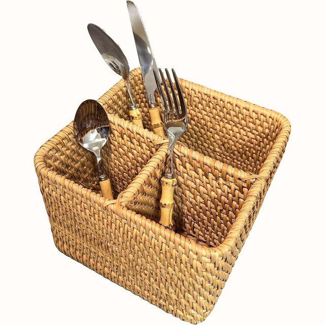 i-lan Natural Rattan 3-Compartment Utensil Organizer – Silverware & Cutlery Storage for Kitchen Drawer, Cosmetic Organizer for Vanity, Flatware Serving Caddy with Open Compartments (7 Inches)
