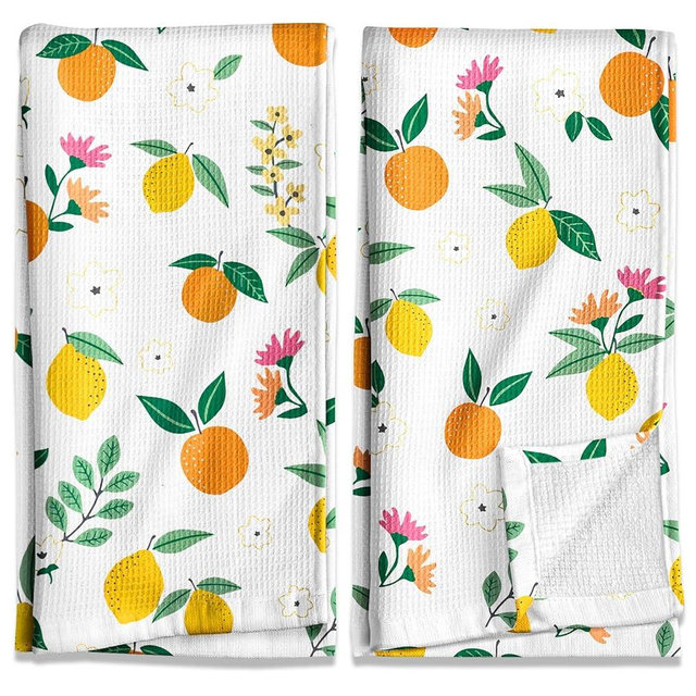 Miss Adola Waffle Cotton Kitchen Towels Set of 2-16x26 Inch Waffle Weave Dish Cloths with Hanging Loop Absorbent Reusable Hand Tea Towels Cute Design Home Decorative Housewarming, Lemon Orange