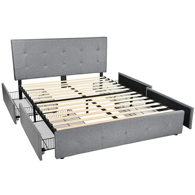 Amolife Fabric Upholstered Button Tufted Queen Bed Frame with 4 Drawers and Headboard/Platform Bed Frame Adjustable Headboard and Wood Slat Support/Mattress Foundation with Storage,Light Grey