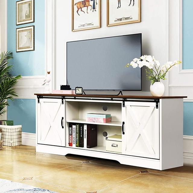 Farmhouse TV Stand Wood Sliding Barn Doors Modern Entertainment Center for 65 inch TV, Living Room TV Console Storage Cabinet with Doors and Adjustable Shelves, White