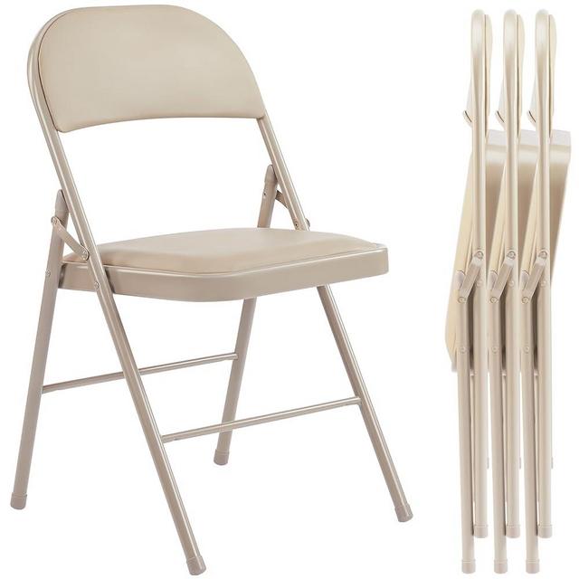 Sweetcrispy Folding Chair 4 Pack, Leather Padded Folding Chairs, Sturdy Metal Foldable Chairs, Easy to Use and Store, Outdoor and Indoor, for Home, Office, Party, Comfy, Kahki