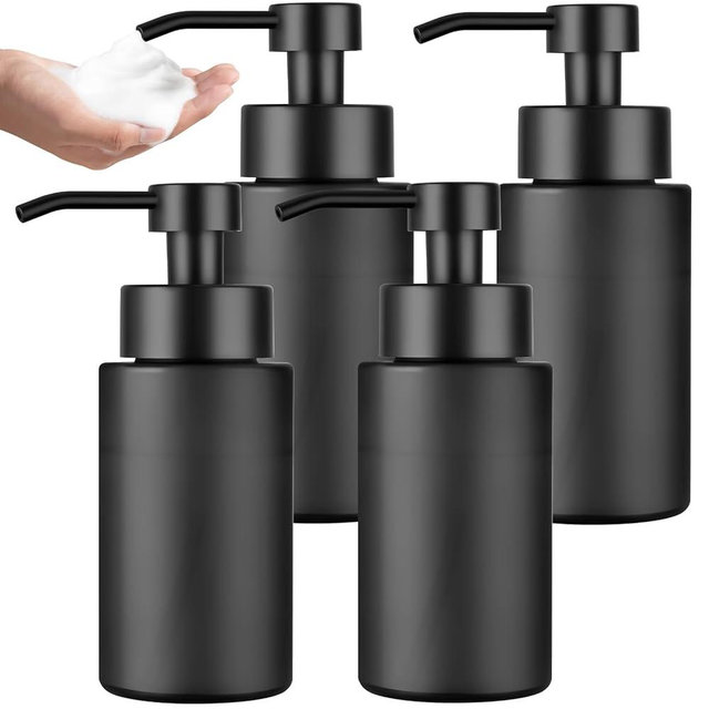 4 Pack 10 OZ Glass Foaming Soap Dispenser for Bathroom & Kitchen Foaming Hand Soap Dispenser with Labels Dispenser for Liquid Soap,Shampoo,Body Wash,Dish Soap,Black
