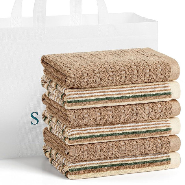 Kitchen Dish Towels for Drying Dishes, Large Cotton Kitchen Towels, Stripped Terry Dish Cloths, Thick Highly Absorbent Towel Sets with Hanging Loop, 16" X 26", 6 Packs,Beige and Solid Color