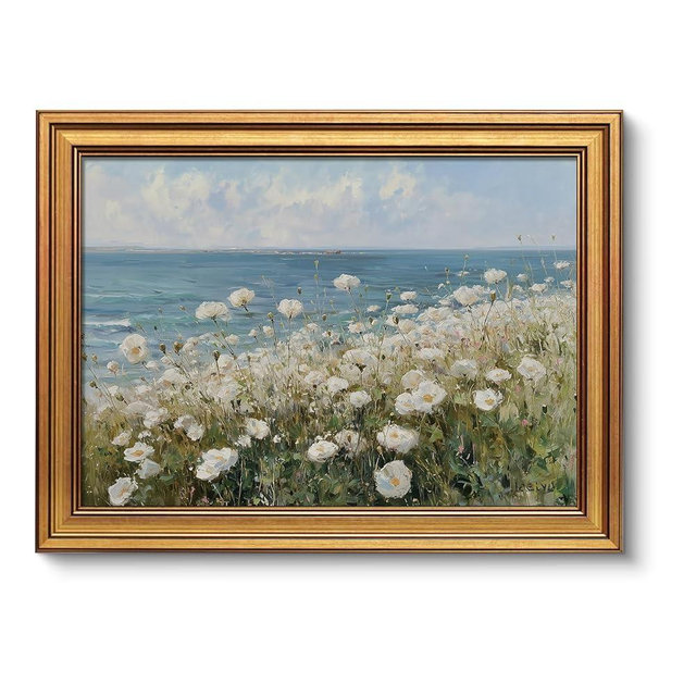 VIYYIEA Vintage Gold Framed Canvas Wall Art, Summer Wildflowers Field Decor, Beach Print Coastalr Wall Paintings, Nature Landscape Picture Artwork for Living Room Bedroom Office, 12x16Inch