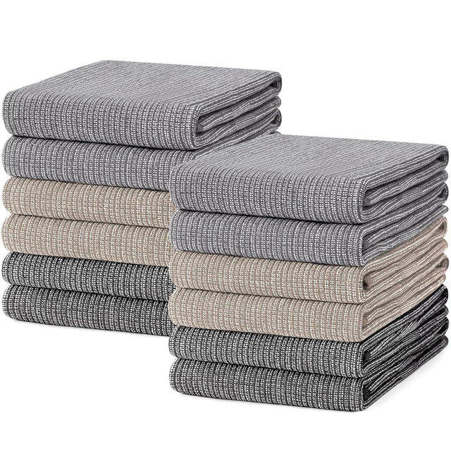 Mordimy Premium Kitchen Towels 12 Pack (18 x 28 Inches, Grey/Khaki/Black), Large Cotton Flat & Terry Kitchen Hand Towel, Super Absorbent Tea Dishtowels Set with Hanging Loop