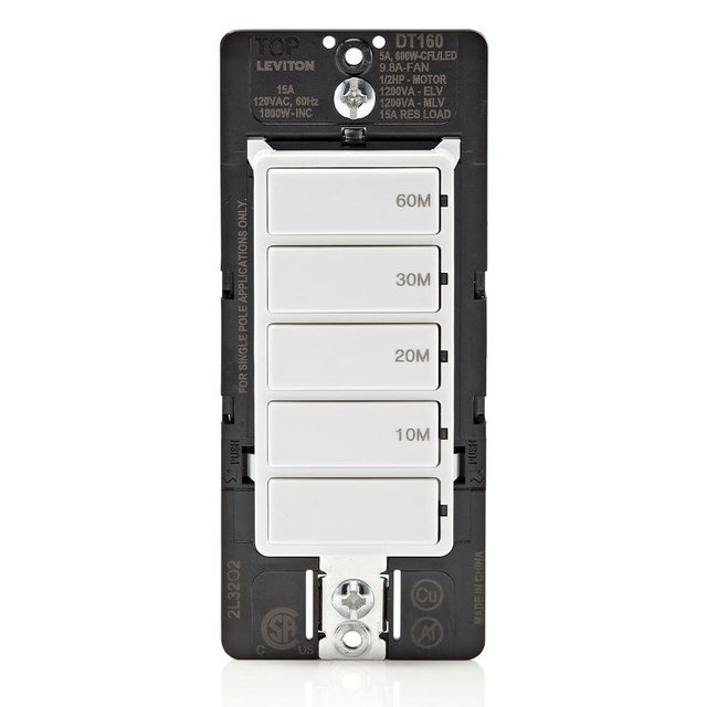 Leviton Countdown Timer Switch for bathroom fan and household lights, 10-20-30-60 min, No Neutral Required, Single Pole, 15A, 1/2HP/9.8A Fan/Motor, DT160-1LW, White
