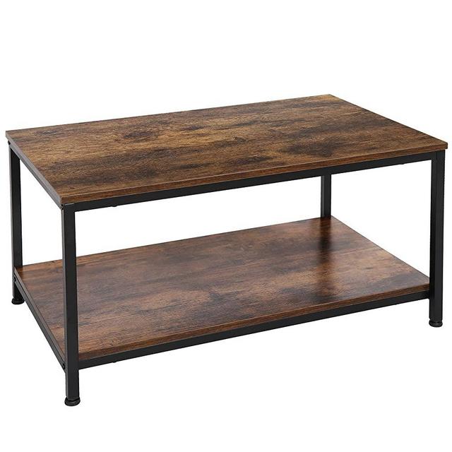 SUPER DEAL 2-Tier Industrial Coffee Table with Storage Shelf for Small Apartment Living Room, Rectangle Wood and Stable Metal TV Stand Side End Table, Rustic Brown