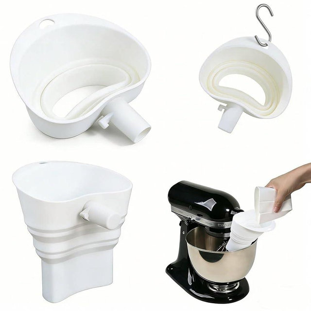 Extended Collapsible Flour Funnel for KitchenAid Stand Mixer, Food-Grade Silicone Pouring Chute Attachment Fits 4.5 & 5 Quart Tilt-Head Models, Anti-Splash Baking Tool for Dry & Wet Ingredients, White