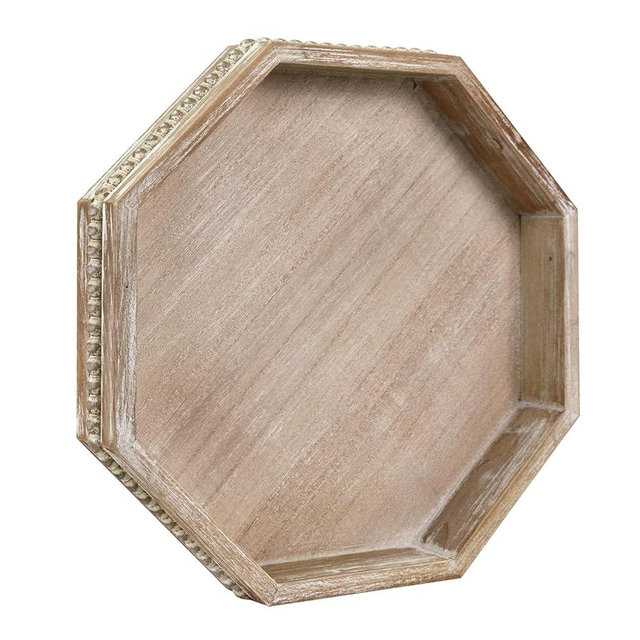 Wooden Decorative Tray, Small Serving Tray with Wood Bead, Farmhouse Big Tray for Ottoman, Countertop, Coffee Tabl, 13" x 13"x 1.6" (White Washed)