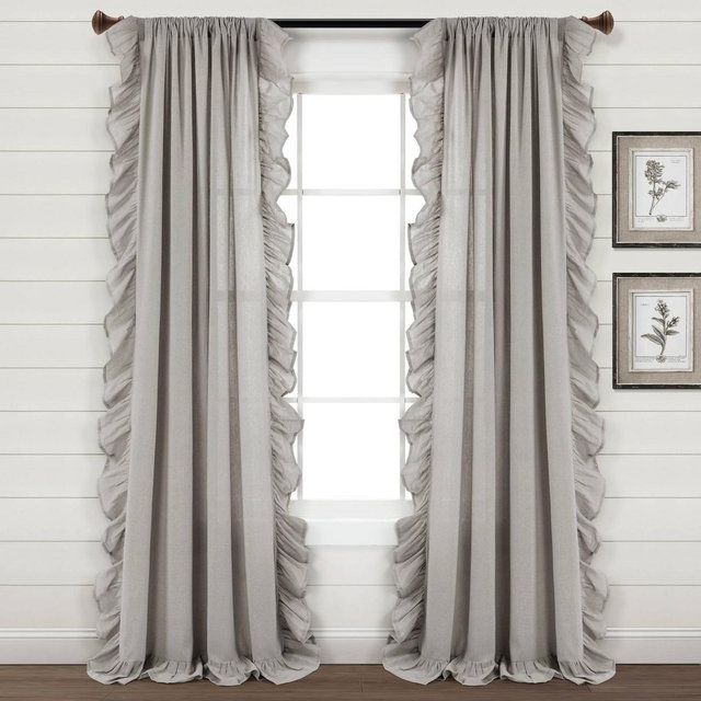 95"x54" Linen Ruffle Window Curtain Panel Light Gray - Lush Décor: Solid Cotton, Light Filtering, Rod Pocket