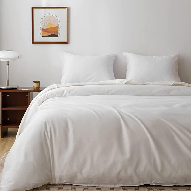 HeimenAogo Egyptian Cotton Duvet Cover Queen Size Sateen Weave , Silky Soft and Breathable Bedding Set with Zipper Closure, Long Staple Cotton Bed Linen Pure White 3Pcs (90"×90")