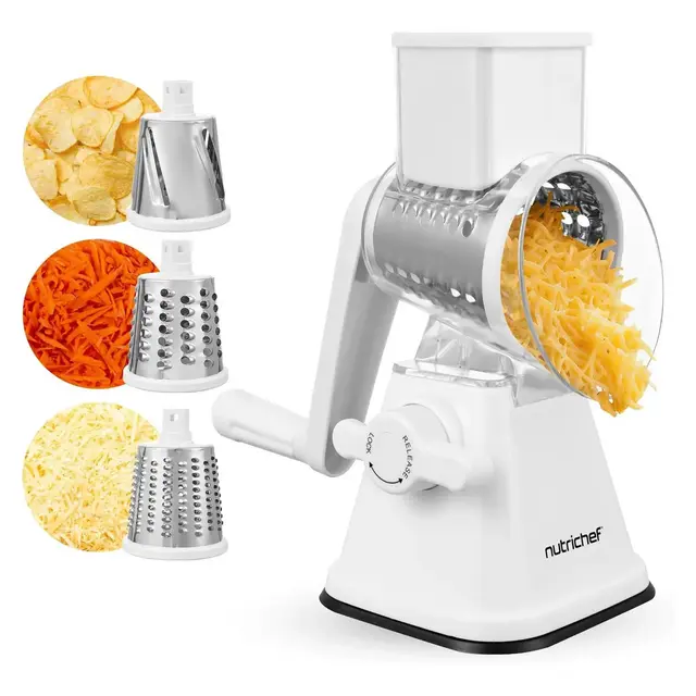 NutriChef Rotary Cheese Grater with Handle & 3 Replaceable Drum Blades - White