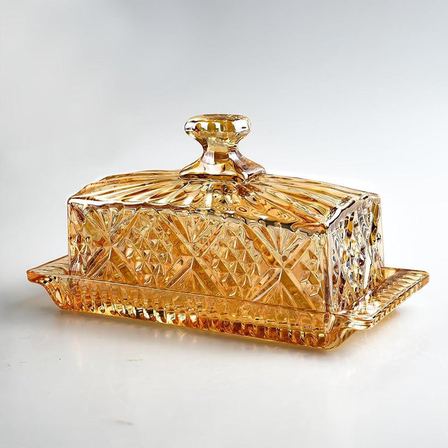 8" Champagne Colored Glass Butter Dish with Lid for Countertop, Vintage Covered Crystal Butter Stick Holder Container