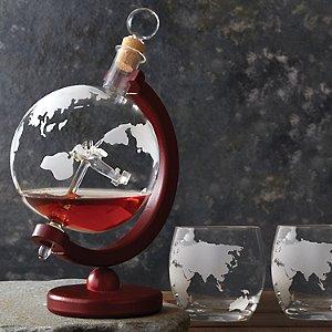 Globe Whiskey Decanter with Antique Plane & Glasses Set